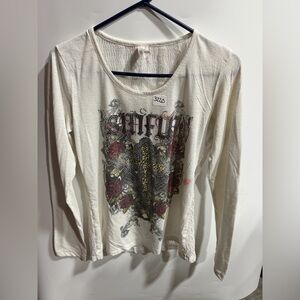 #3220-Sinful Women's Cream Long Sleeve Graphic Tee with Red and Black Accents